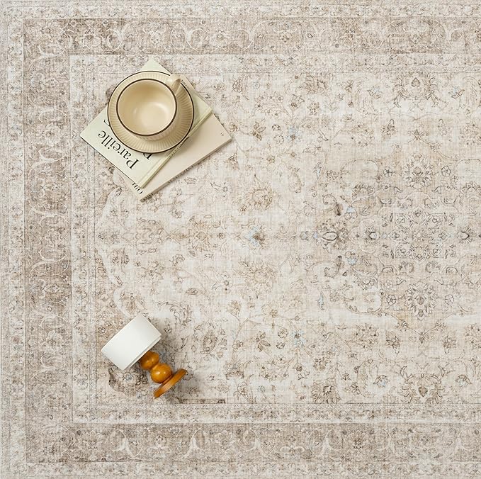 Beige 2x6 Runner Rug Washable Hallway Vintage Carpet Low Pile Non Slip - Image 4