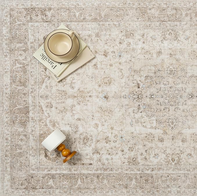 Beige Area Rug 3x4 Washable Office Entryway Vintage Carpet Low Pile Non Slip - Image 4
