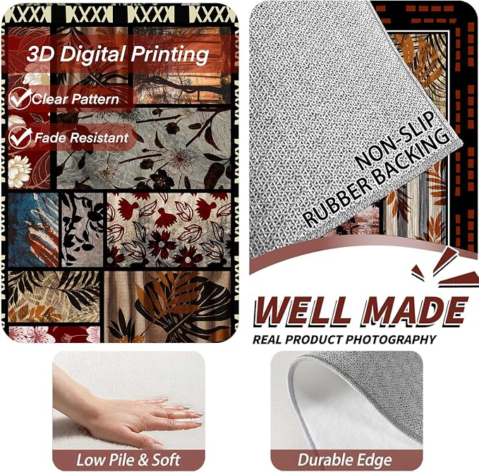 Rustic Cabin Area Rug 4x5ft, Animal & Moroccan Plaid Pattern Vintage Boho Carpet - Image 5