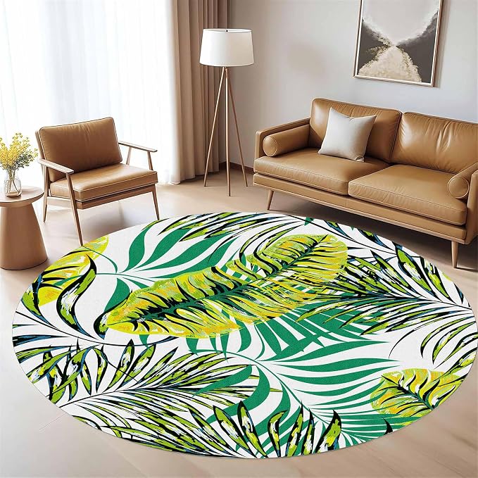 Tropical Round Rug 5ft, Watercolor Palm Leaves Pattern Low Pile Circle Carpet - Image 3