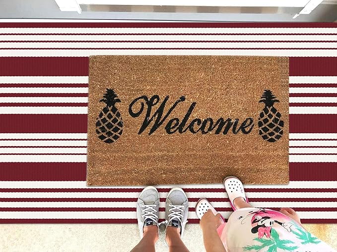KOZYFLY Striped Outdoor Rug 3x5 Ft Red and White Christmas Front Door Rug Woven - Image 2