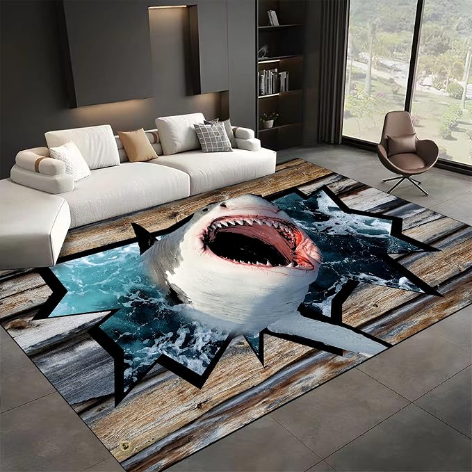 Sea Shark Kids Rugs, Fierce Shark 3D Printed Carpet by Unknown