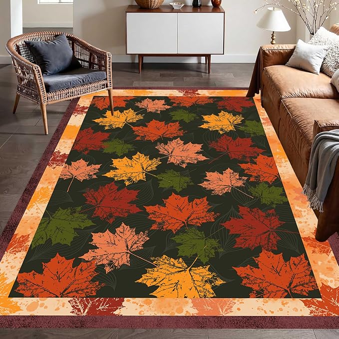 Fall Themed Area Carpet, Autumn Fallen Leaves Print Pattern Retro Rustic Style - Image 4