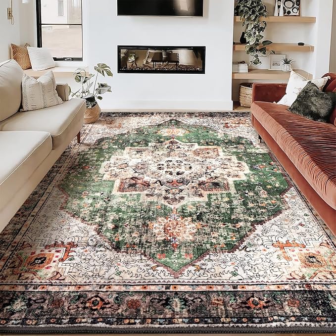 8x10 Area Rug - Green Boho Washable Vintage Low Pile Non-Slip Large Rug by YesRug