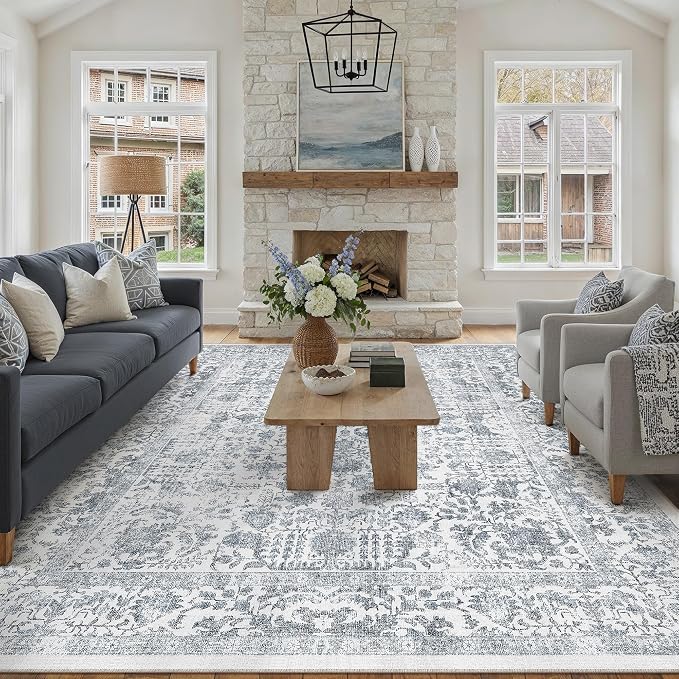 Navy Blue Area Rug 6x9 Machine Washable Vintage Living Room Distressed Non Slip - Image 2