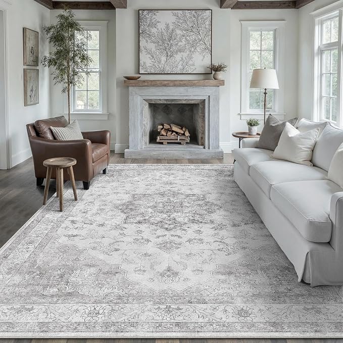 Grey Gray Area Rug 8x10 Washable Vintage Carpet by PureCozy