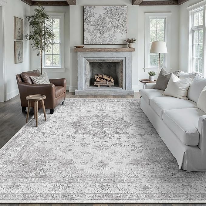 Gray Area Rug 9x12 Washable Living Room Carpet Vintage Non Slip Soft Bedroom by PureCozy
