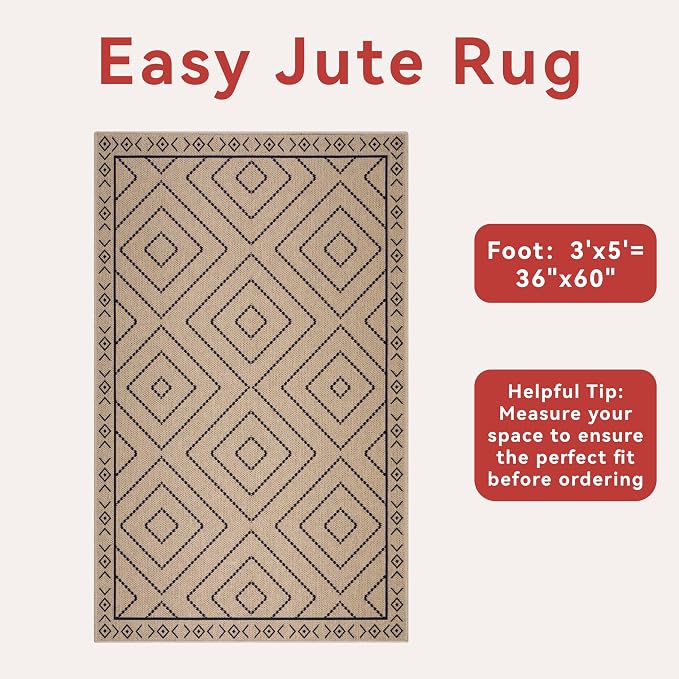 Tangsoo Modern Geometric Easy Jute Rug 3x5 Small Area Rug, Non-Slip Washable Rug - Image 3