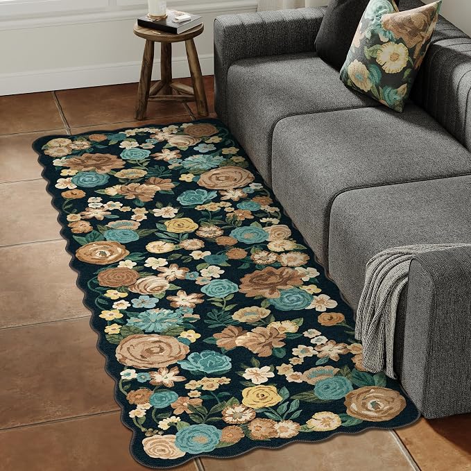 Washable Floral Runner Rug 2x5 Black Hallway Carpet Scalloped Flower Non Slip - Image 4