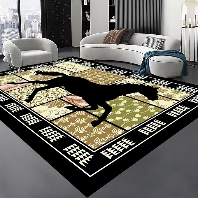 Western Horse Print Rugs 6x8ft, Boho Floral Area Rug, Botanical Print Low Pile by Unknown