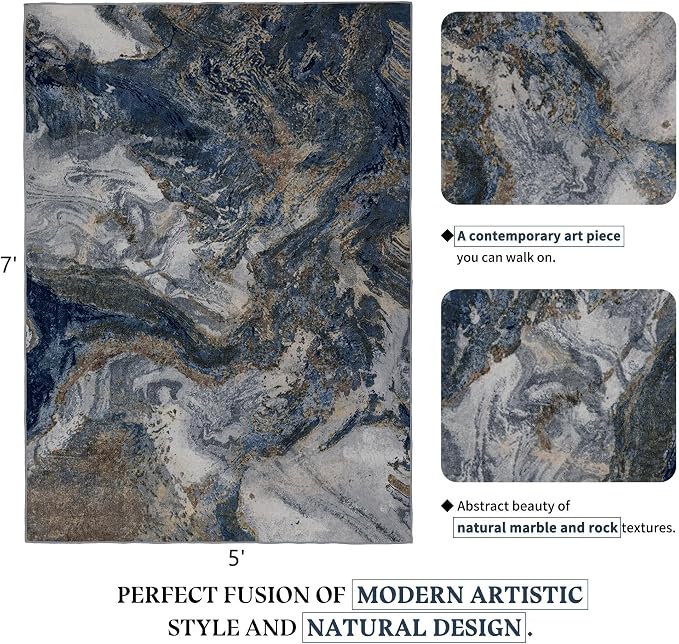 Modern Washable Rug for Living Room: Abstract 5x7 Area Rugs for Bedroom Low - Image 2