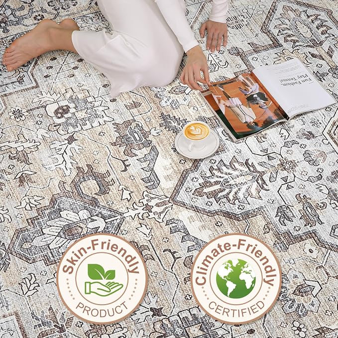 9x12 Area Rug Living Room: Washable Boho Large Neutral Vintage Soft Rugs Stain - Image 8