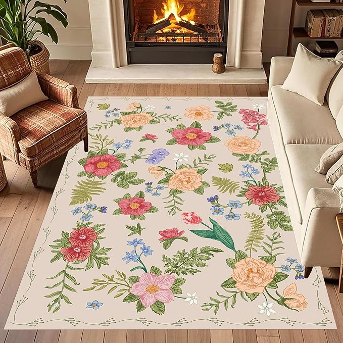 Rustic Flower Area Rug, Classic Colorful Bohemian Floral Pattern by LHOMKCV