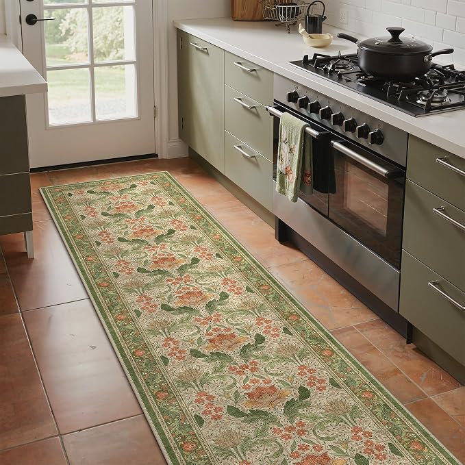 Bavni 2'6''x10 Runner Rug, Microfiber Washable Non-Slip Vintage Floral Rugs - Image 3