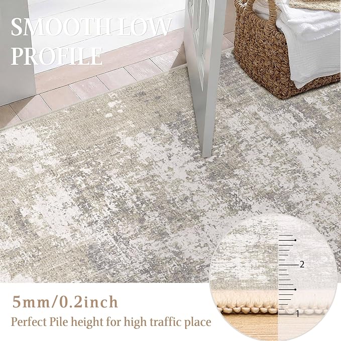 Modern Abstract Beige Gray Area Rug 2x8 Hallway Runner Machine Washable Carpet - Image 2