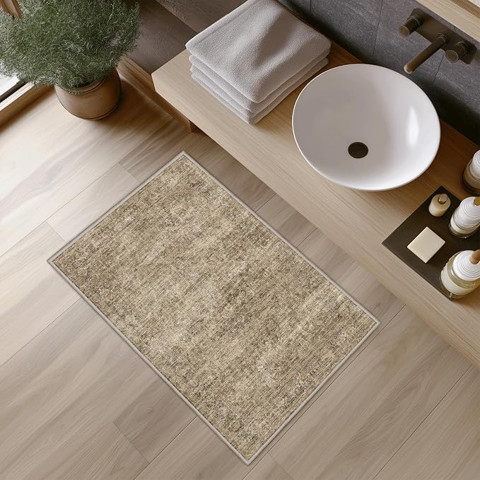 FMFUNCTEX Entryway Rug 2x3 Washable Brown Vintage Distressed Oriental Door Mat - Image 3