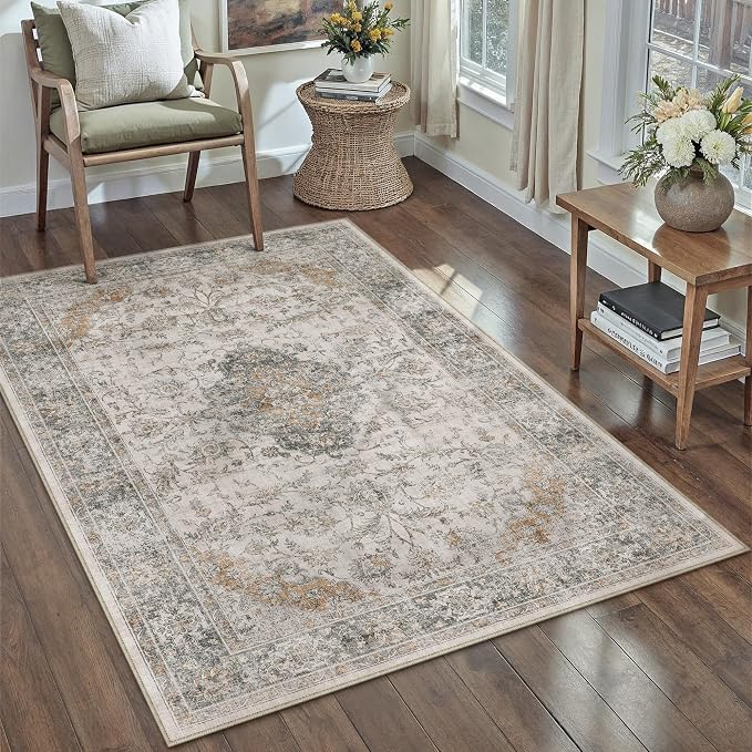 HUGEAR Retro Taupe Green Area Rug 5x7 Machine Washable Living Room Rugs - Image 3