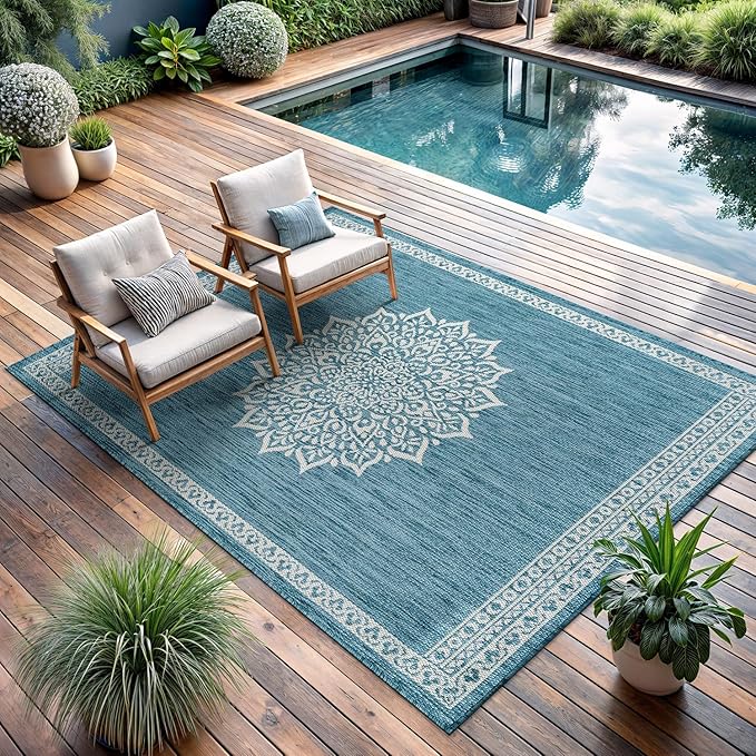 CAMILSON Outdoor Rug 6x9 Medallion Aqua Modern Area Rugs - Image 7