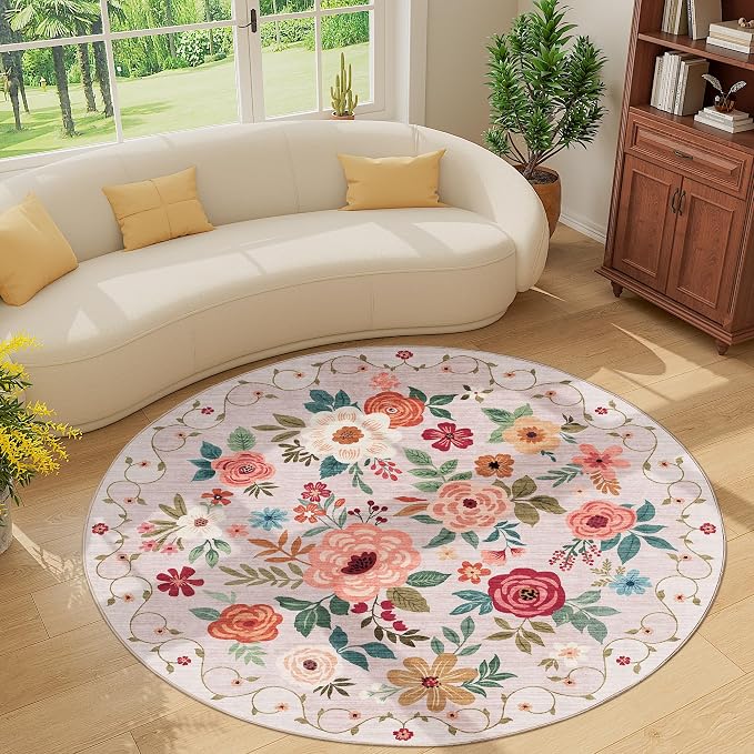 DUKINO Floral Round Rug, 6ft Washable Circle Rug, Non Slip Indoor Low Pile - Image 7