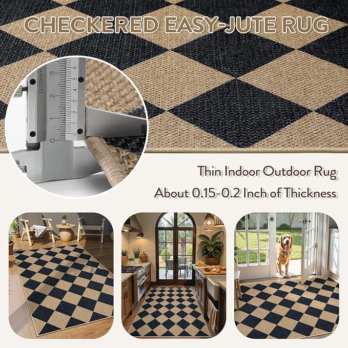Lahome Checkered Easy Jute 3x5 Outdoor Patio Rug, Washable Rugs - Image 3