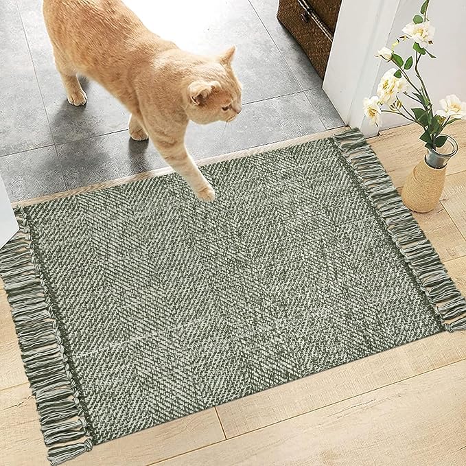 Collive Small Bathroom Rug, Olive Green/Cream Cotton Reversible Washable - Image 6
