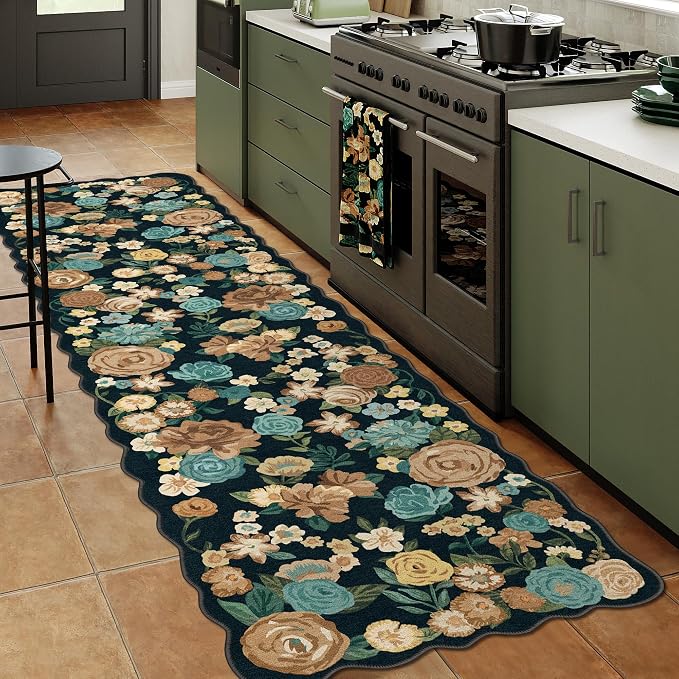 Washable Floral Runner Rug 2x6 Black Hallway Carpet Scalloped Flower Non Slip - Image 4