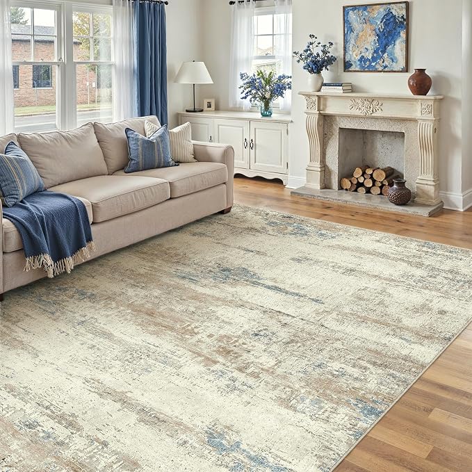 6x9 Area Rug Washable Beige Brown Abstract Living Room Carpet Non Slip Modern by PureCozy