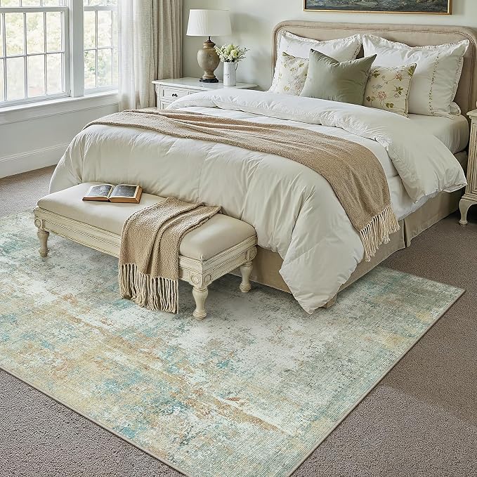 6x9 Washable Area Rug Teal Beige Abstract Living Room Bedroom Carpet Neutral - Image 3