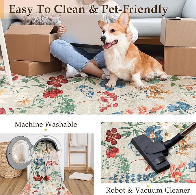 Beige Area Rug 2x3 Entryway Floral Boho Door Mat Indoor Washable Kitchen Carpet - Image 4