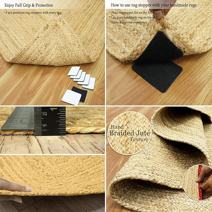 10x18 Oval Jute Rug – Flatweave Hand Braided Natural Jute Rug, Solid Red Beige - Image 6