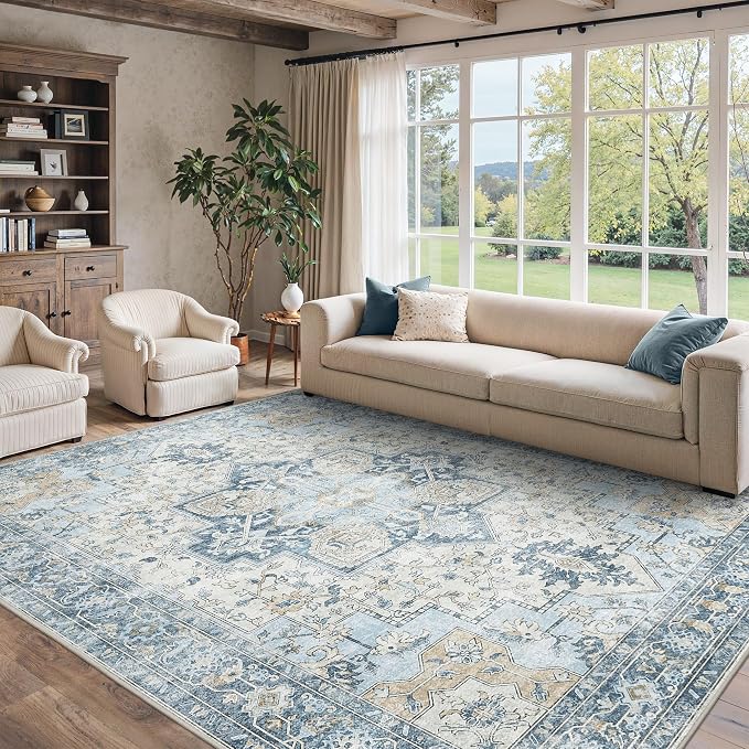 9x12 Area Rugs for Living Room, Machine Washable Non Slip Vintage Rugs by BESBLEE