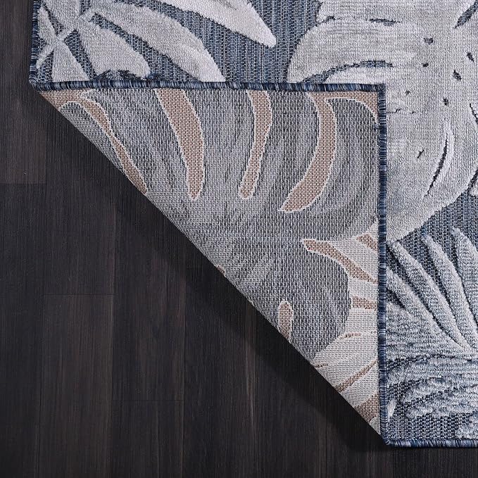 CAMILSON Indoor Outdoor Rug Navy Blue 5x7 Leaf Tropical Botanical Area Rugs - Image 8