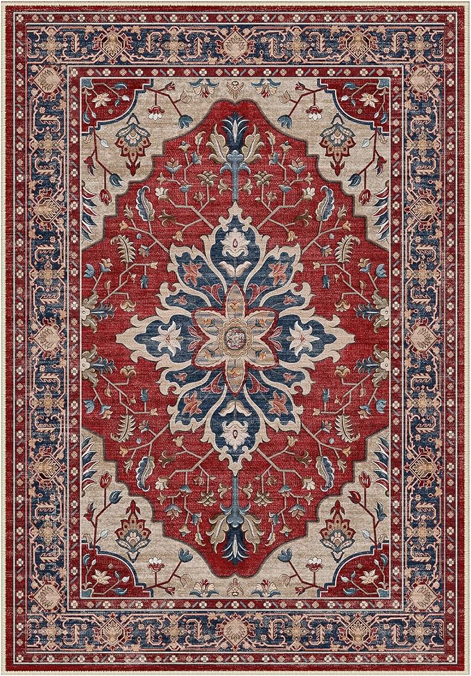Area Rugs Round 8ft Washable Non-Slip, Floral Vintage Distress Print Pattern by RELEANY