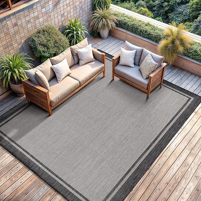 CAMILSON Indoor Outdoor Rug, 6x9 Bordered Gray Modern Area Rugs by CAMILSONIndoorOutdoorAreaRugs