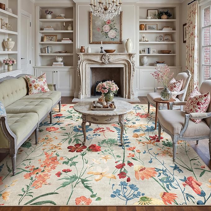 Beige Area Rug 6x9 Floral Washable Living Room Kitchen Boho Carpet Non Slip Low - Image 6