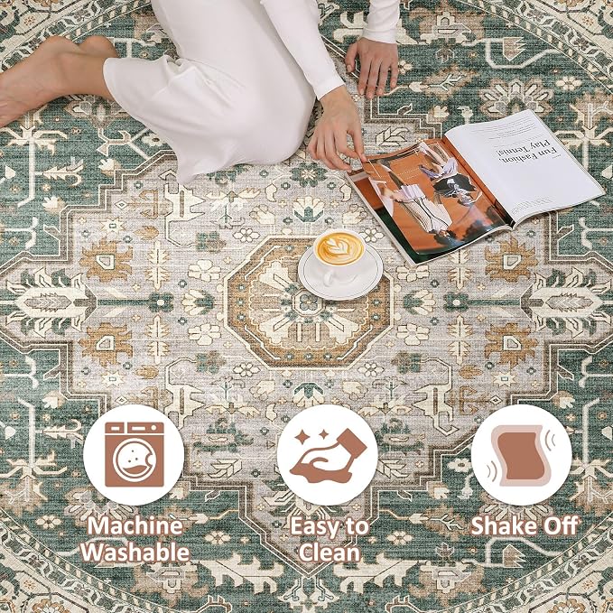 Round Rug Living Room Rugs: 8x8 Washable Boho Neutral Large Circle Soft Indoor - Image 2