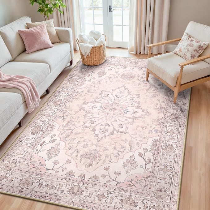 Area Rugs 5'x8' Washable Non-Slip, Floral Vintage Distress Print Pattern by RELEANY