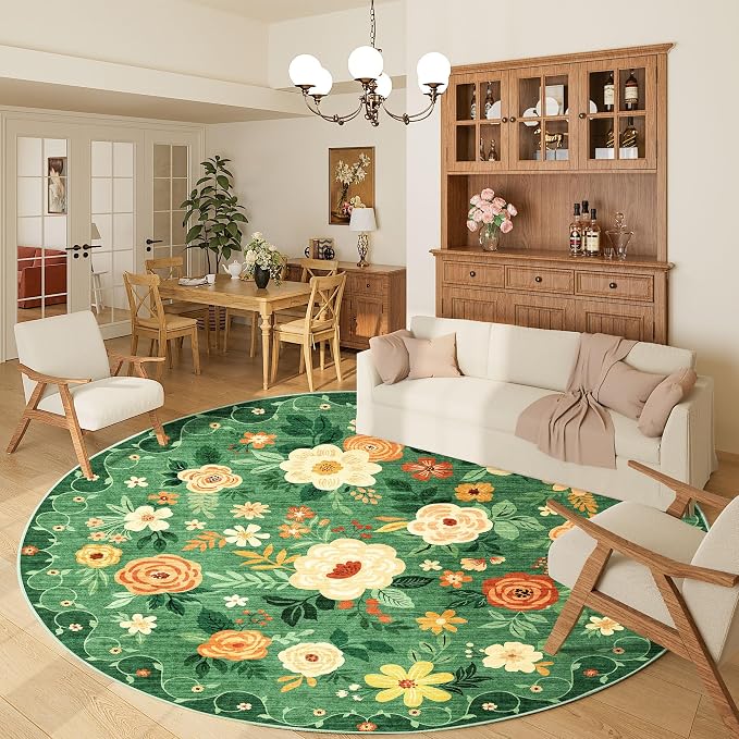 DUKINO Floral Round Rug, 6ft Washable Circle Rug, Non Slip Indoor Low Pile - Image 2