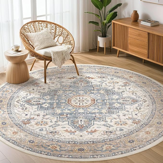 Round Rug Living Room Rugs: 6Ft Washable Boho Neutral Large Circle Soft Indoor by LOONGRUG