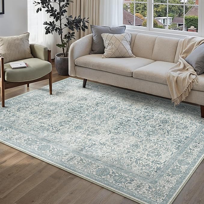 Vintage Area Rug 4x6 Blue Entryway Office Washable Carpet Non Slip Bedroom by PureCozy