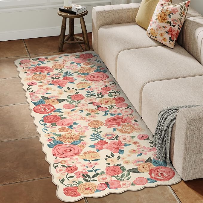 Washable Floral Runner Rug 2x6 Beige Hallway Carpet Scalloped Flower Non Slip - Image 4