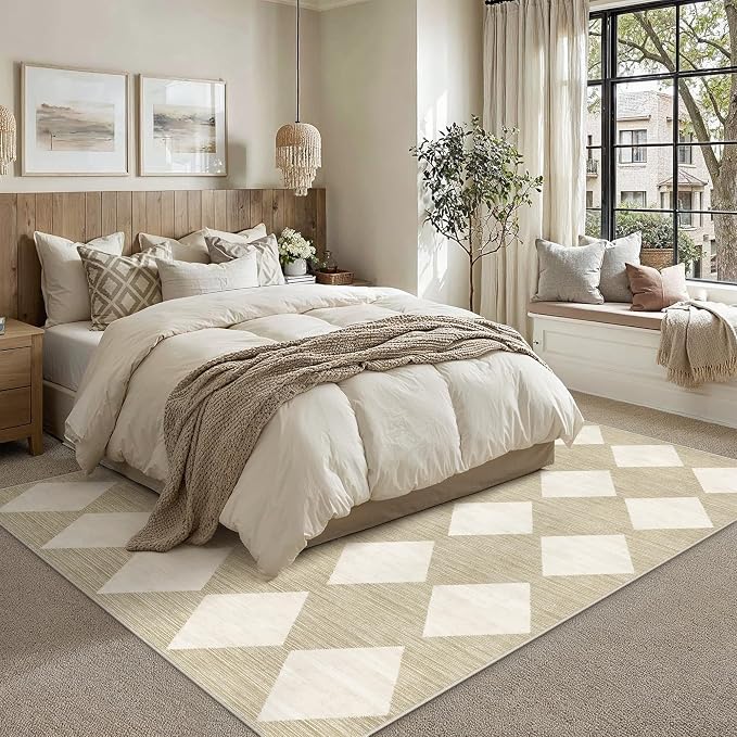 6x9 Checkered Area Rugs for Living Room Beige Machine Washable Large Rug - Image 3