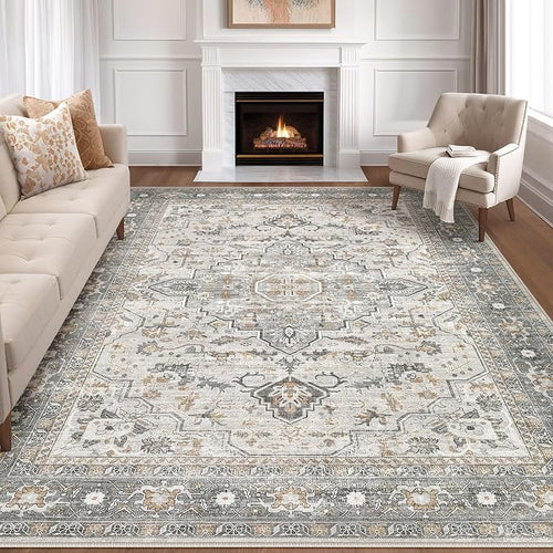 10x12 Area Rug Living Room: Washable Boho Large Neutral Vintage Soft Rugs Stain by LOONGRUG