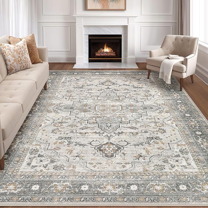 7x9 Area Rug Living Room: Washable Boho Large Neutral Vintage Soft Rugs Stain by LOONGRUG