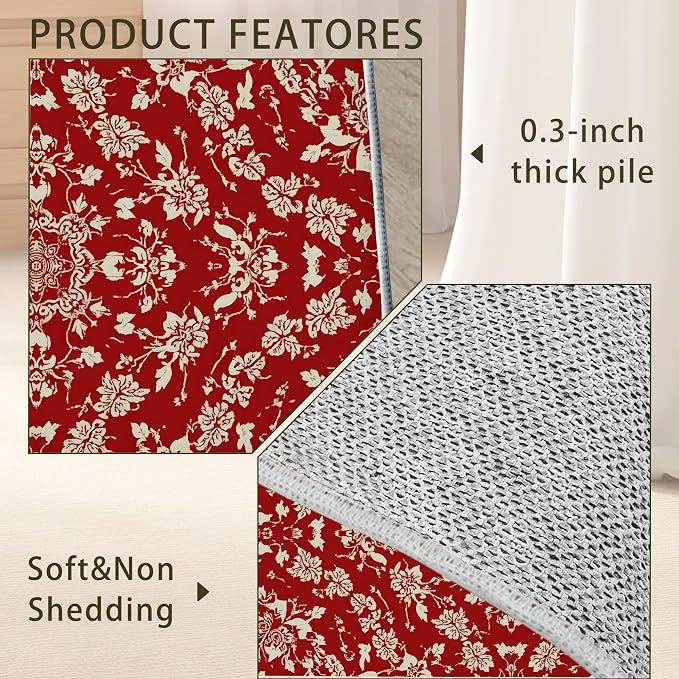 Red Flower Carpet for Living Room, 5x7 Non-Slip Washable Low Pile Abstract - Image 5