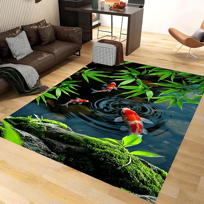 Pond Koi Fish Living Room Rug, Summer Greenery Moss Stream Indoor Decor Carpet - Image 2