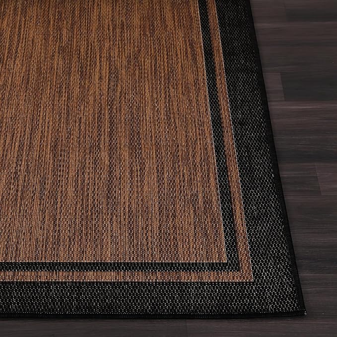 CAMILSON Indoor Outdoor Rug, 6x9 Bordered Nut Brown Black Modern Area Rugs - Image 5