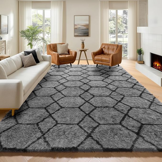 ONASAR 7x9 Area Rugs for Living Room Bedroom, Washable Large Fluffy Grey and by ONASAR