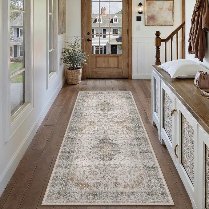 HUGEAR 2x6 Runner Rug Hallway Machine Washable Retro Taupe Green Vintage Floral - Image 3