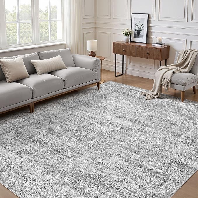 Grey Rug 8x10 Area Rugs: Washable Boho Large Vintage Neutral Soft Rug Stain - Image 5